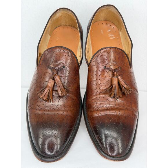 Asher Green Hand Made Brown Leather Tassel Slip On Dress Loafers 8.5